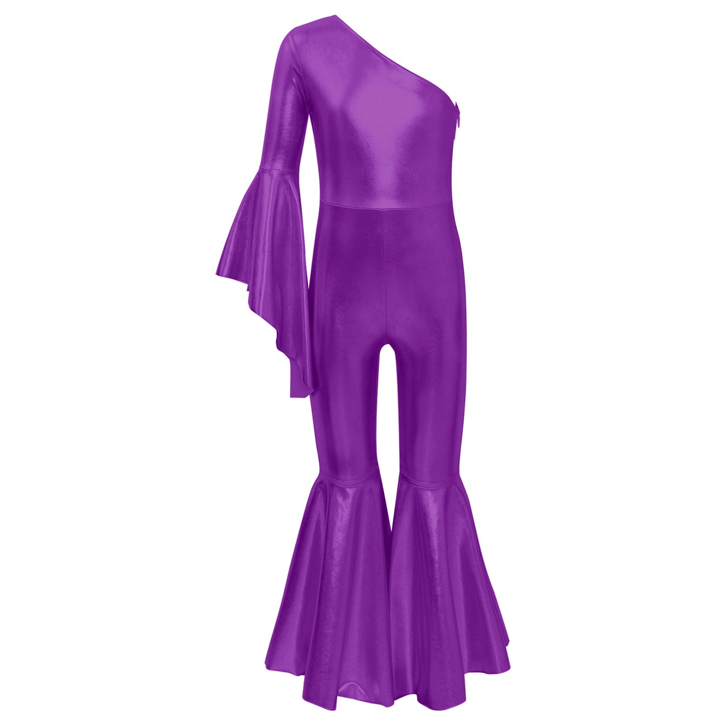 Girls Dance Metallic One Shoulder Bell-Bottom Jumpsuit (Age 6-16YRS)