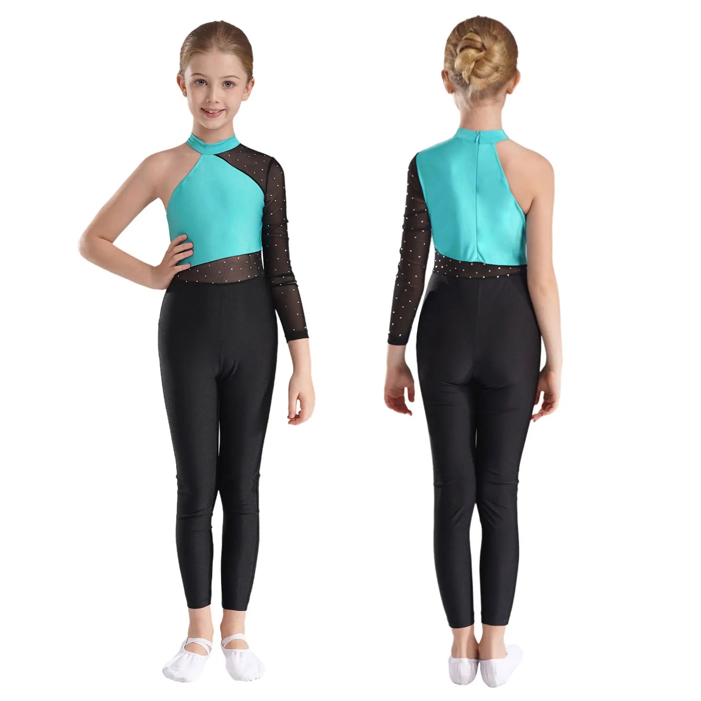 Girls Gymnastics Rhinestones Sheer Mesh Jumpsuit (Age 6-16 YRS)