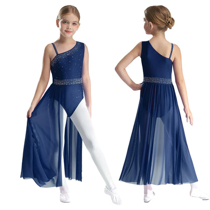 Girls Dance Costume Ballet Rhinestones Sleeveless Sheer Mesh Leotard Dress (Age 6-16 YRS)