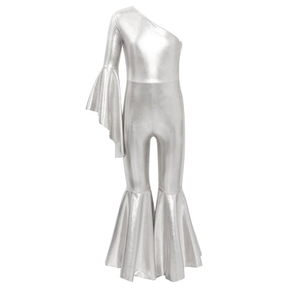 Girls Dance Metallic One Shoulder Bell-Bottom Jumpsuit (Age 6-16YRS)