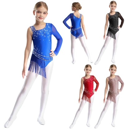 Girls Figure Skating Rhinestone Irregular Tassel Bodysuit Leotard (Age  6-16YRS)