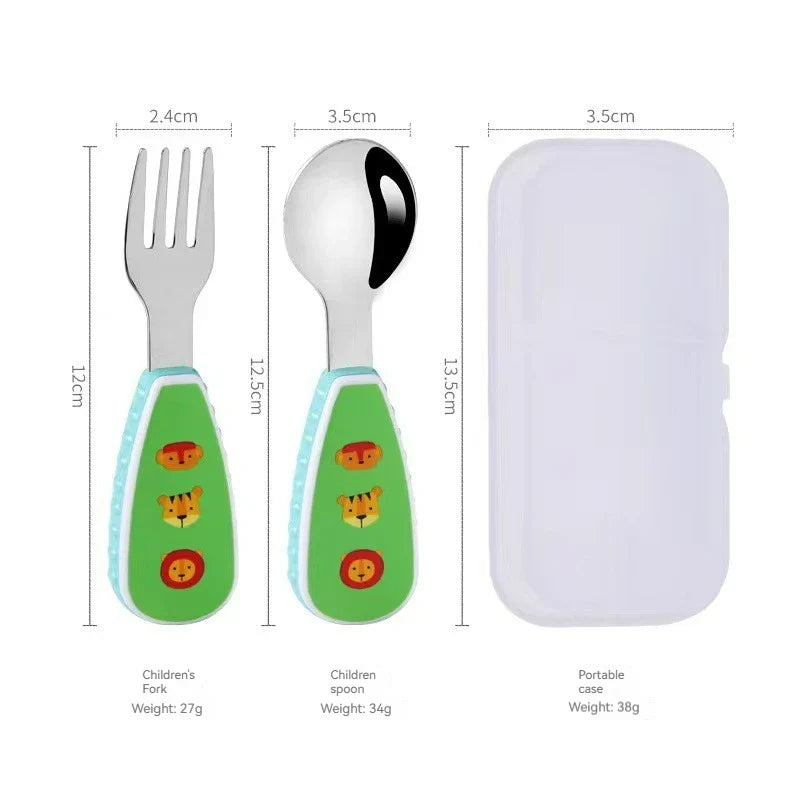 Toddler Cute Utensils Feeding Spoon And Fork Set Stainless Steel Green