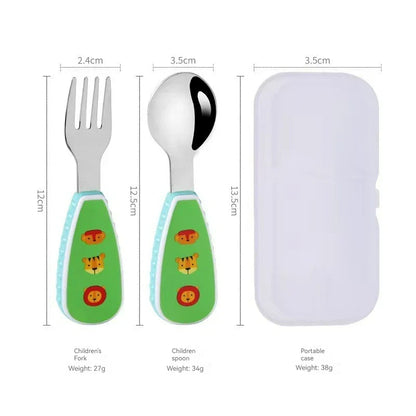 Toddler Cute Utensils Feeding Spoon And Fork Set Stainless Steel Green