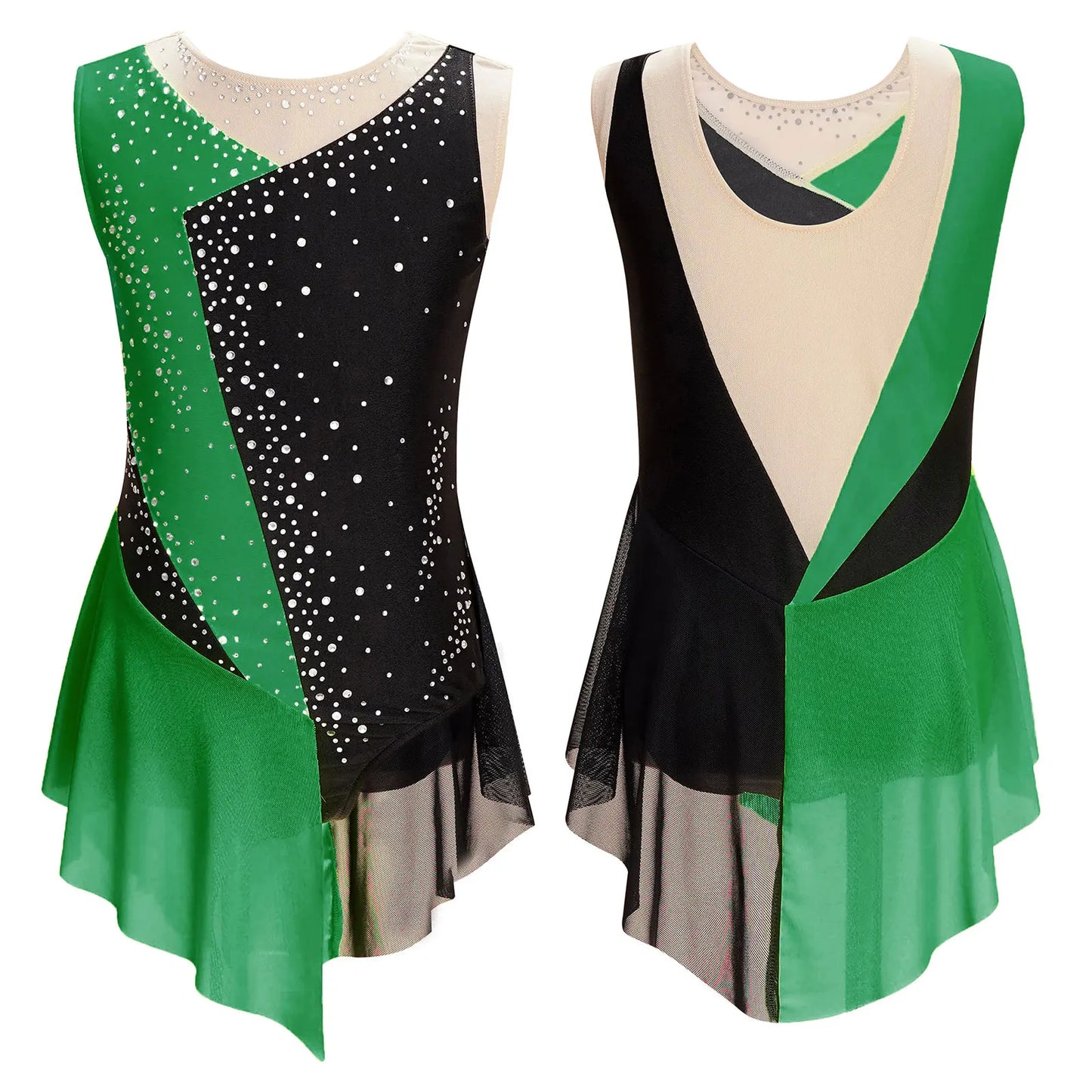 Rhinestone Gymnastics Figure Skating Dress for Teen Girls Sleeveless Sheer Mesh Tutu Ballet Leotard Lyrical Performance Costume
