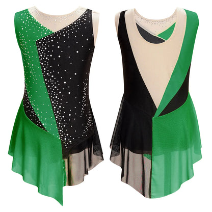 Rhinestone Gymnastics Figure Skating Dress for Teen Girls Sleeveless Sheer Mesh Tutu Ballet Leotard Lyrical Performance Costume