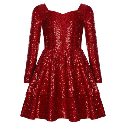 Girls Sequin Long Sleeve Double Layer Hemline Dress (Age 6-14 YRS)