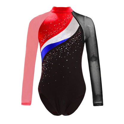 Girls Ballet Dance Leotard Gymnastics  Rhinestones Sheer Mesh Long Sleeve (Age 4-16 YRS)