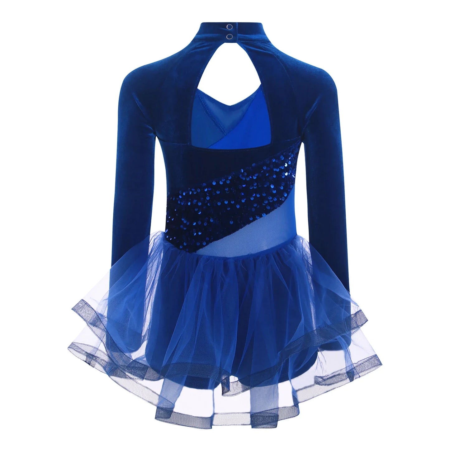 Girls Figure Skating Dance Costume Sequin Long Sleeve Velvet Mesh Leotard Dress (Age 6-14 YRS)