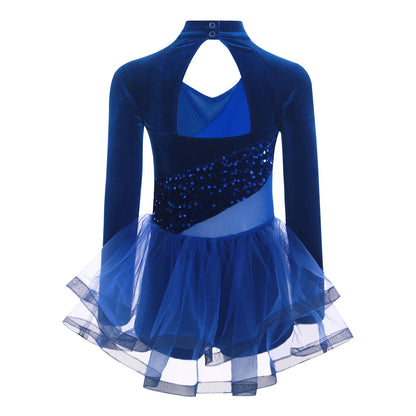 Girls Figure Skating Dance Costume Sequin Long Sleeve Velvet Mesh Leotard Dress (Age 6-14 YRS)