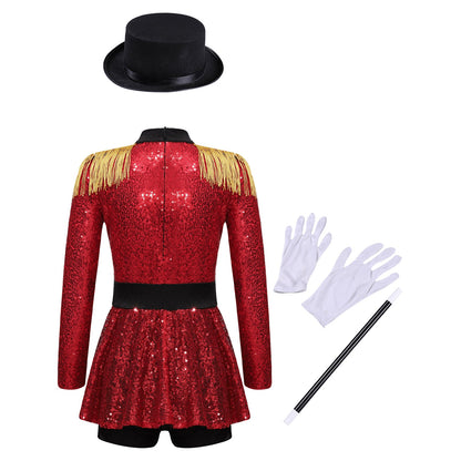 Girls Halloween Circus Ringmaster  Costume Long Sleeve Sequin Leotard Dress (Age 6-14YRS)