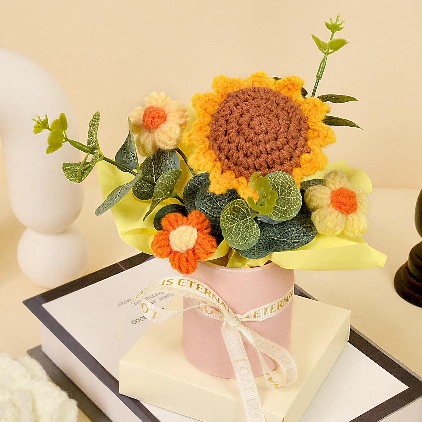 Handmade Crochet Knitted Flower Bouquet,Rose & Sunflower Bouquet - Home Decor & Gift for Woman Wife Mom Yellow