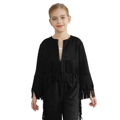 Kids Western Cowboy Cowgirl Costume Long Sleeve Tassels Fringe Jacket (Age 6-16YRS)