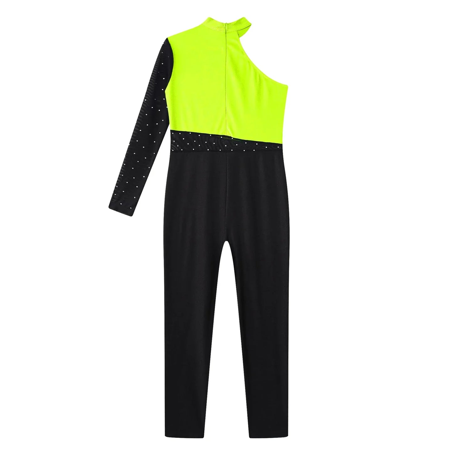 Girls Gymnastics Rhinestones Sheer Mesh Jumpsuit (Age 6-16 YRS)