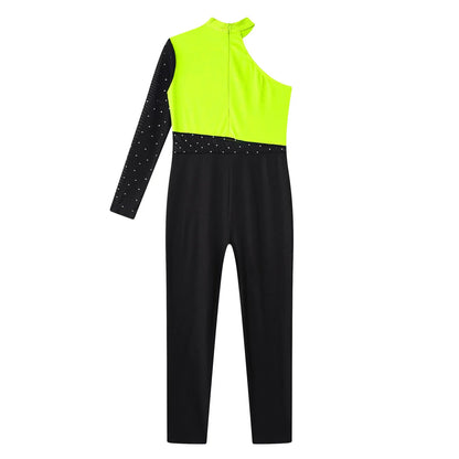 Girls Gymnastics Rhinestones Sheer Mesh Jumpsuit (Age 6-16 YRS)