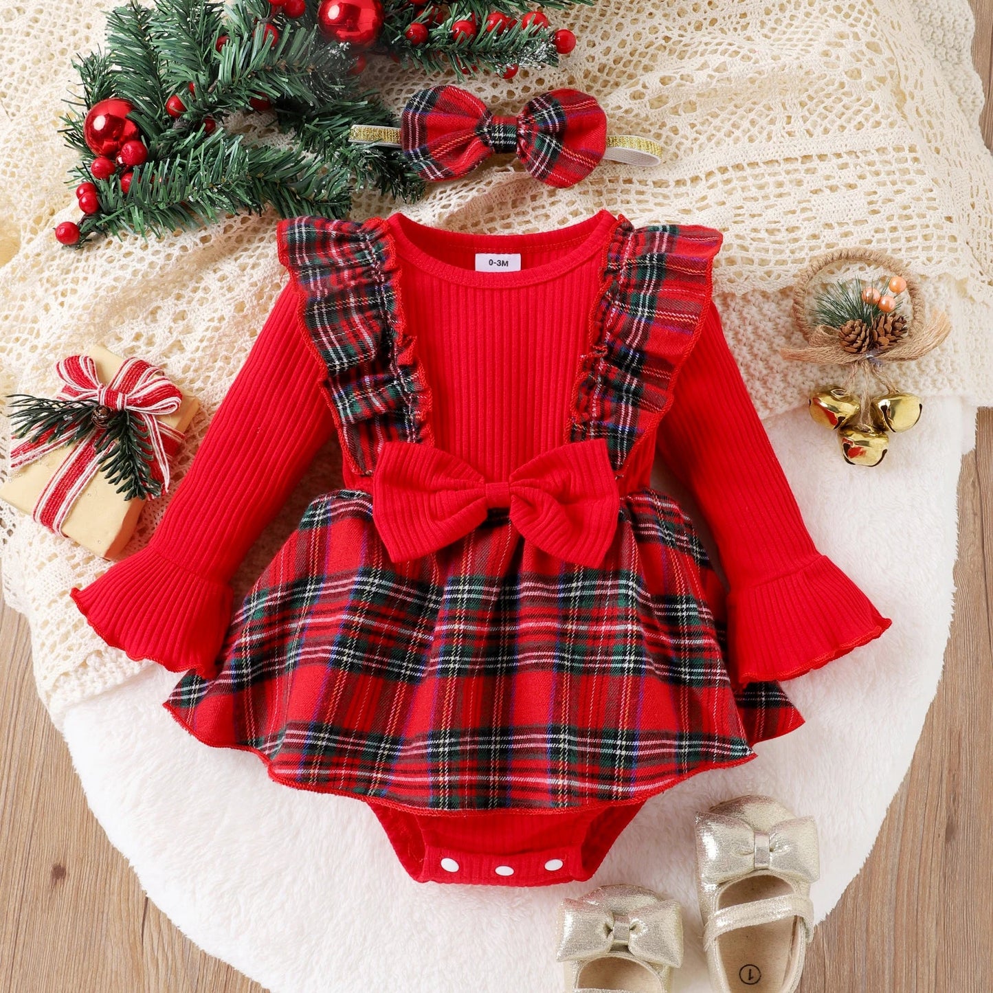 Baby Girls Red Plaid Christmas Romper Dress (Age Newborn-18M)