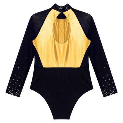 Girls Dance Performance Costume Long Sleeve Rhinestone Leotard (Age 6-16 YRS)