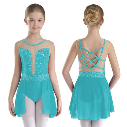Rhinestone Gymnastics Figure Skating Dress for Teen Girls Sleeveless Sheer Mesh Tutu Ballet Leotard Lyrical Performance Costume