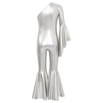 Girls Dance Metallic One Shoulder Bell-Bottom Jumpsuit (Age 6-16YRS)