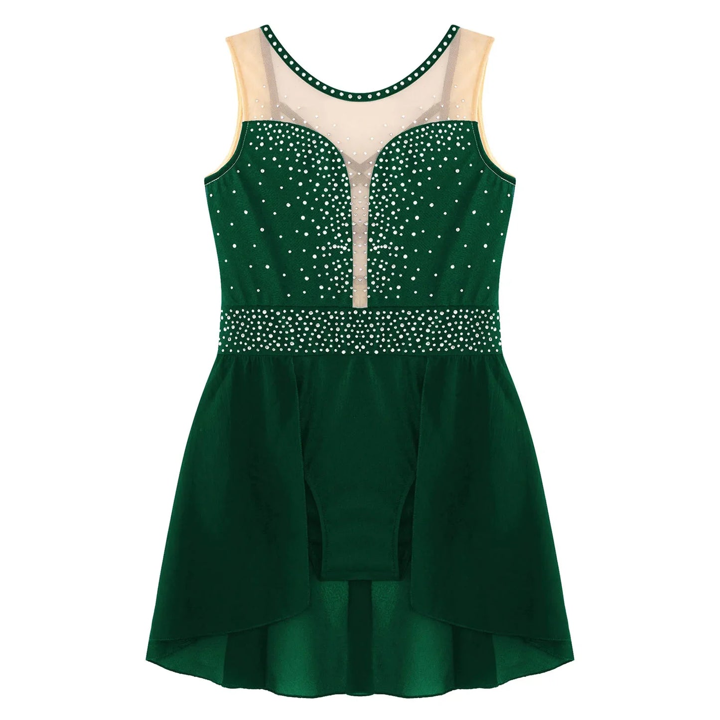 Rhinestone Gymnastics Figure Skating Dress for Teen Girls Sleeveless Sheer Mesh Tutu Ballet Leotard Lyrical Performance Costume