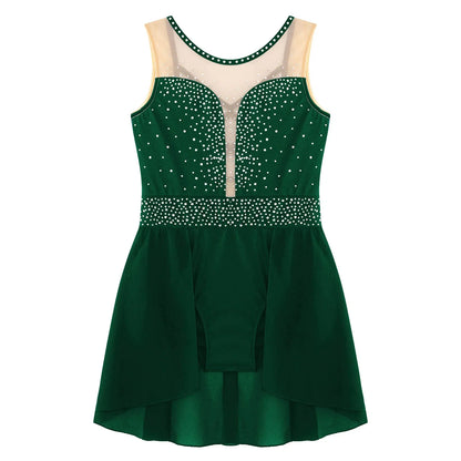 Rhinestone Gymnastics Figure Skating Dress for Teen Girls Sleeveless Sheer Mesh Tutu Ballet Leotard Lyrical Performance Costume