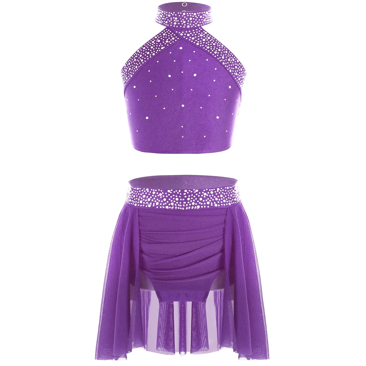 Girls Rhinestones Dance Outfit Tops & Skirt Set (Age 6-16 YRS)