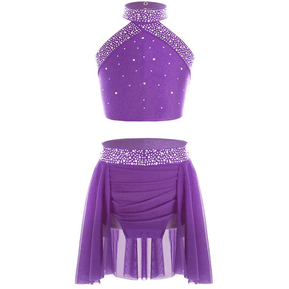 Girls Rhinestones Dance Outfit Tops & Skirt Set (Age 6-16 YRS)