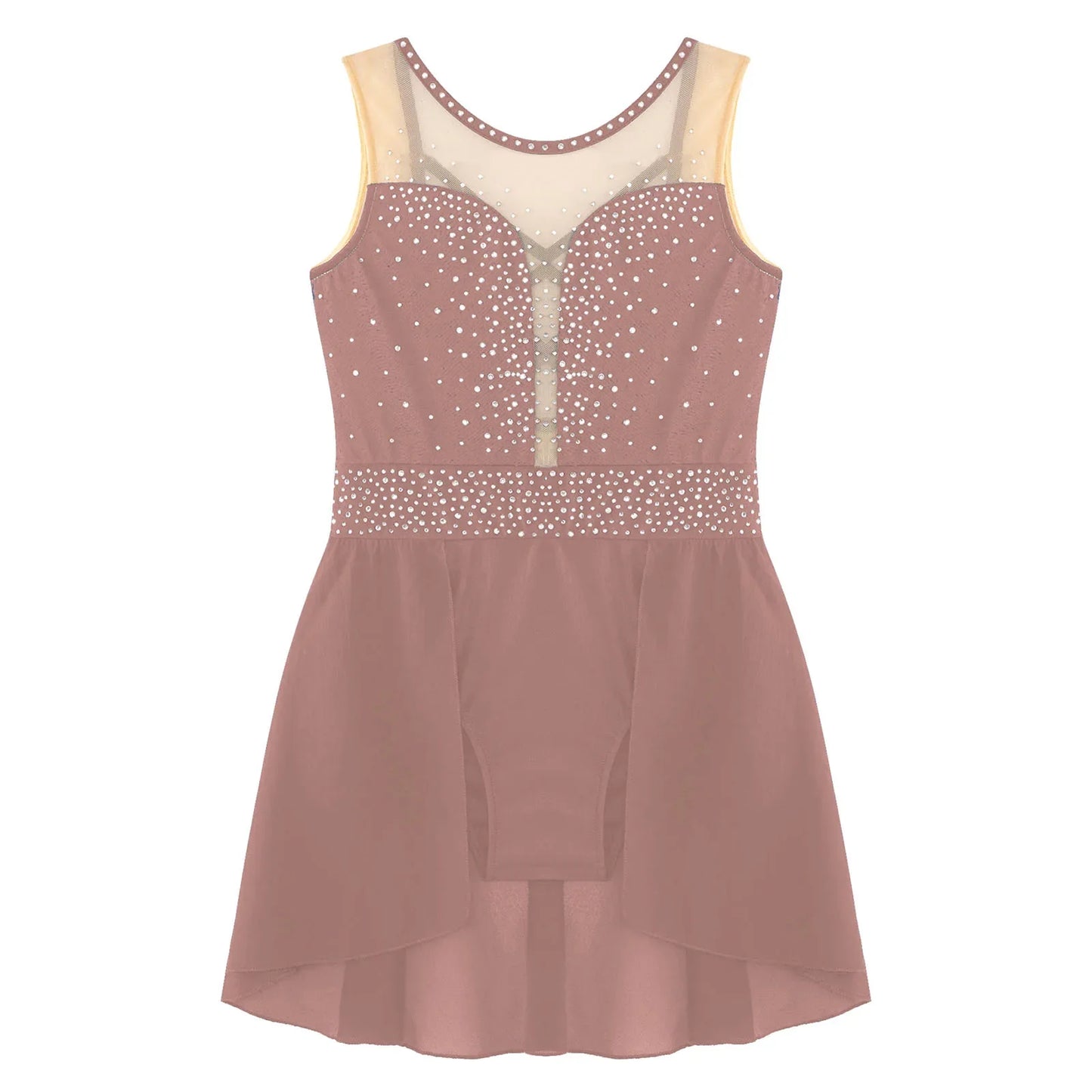 Rhinestone Gymnastics Figure Skating Dress for Teen Girls Sleeveless Sheer Mesh Tutu Ballet Leotard Lyrical Performance Costume