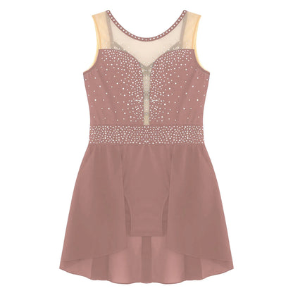 Rhinestone Gymnastics Figure Skating Dress for Teen Girls Sleeveless Sheer Mesh Tutu Ballet Leotard Lyrical Performance Costume