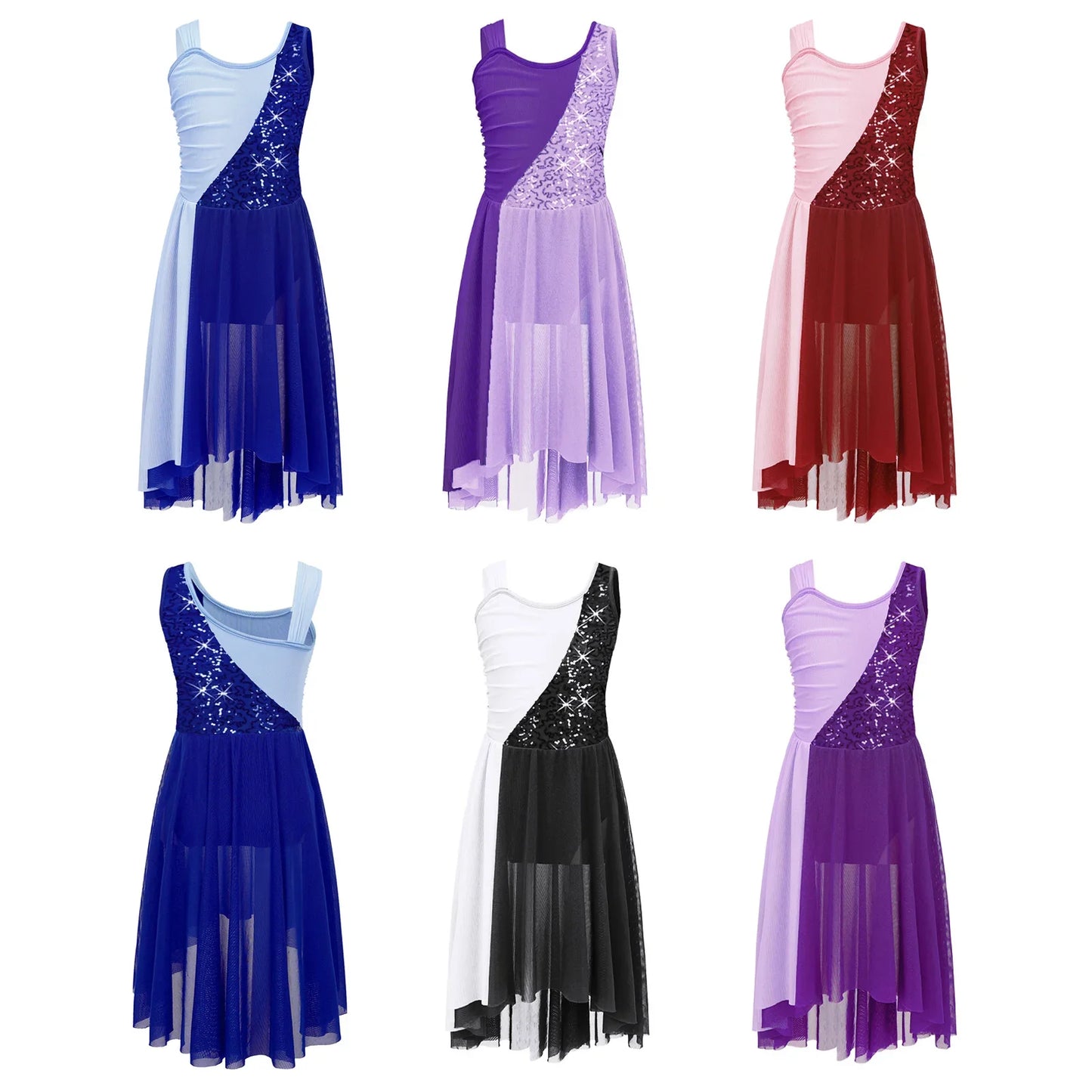 Girls Dance Sleeveless Color Block m Leotard Dress (Age 6-16YRS)