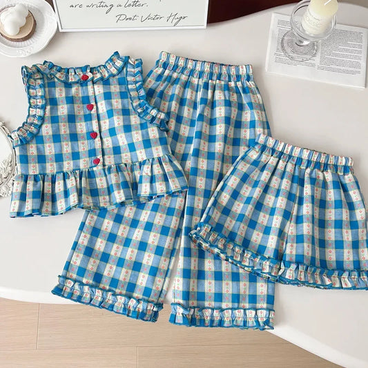 Girls/Boys Plaid Print Top & Wide Leg Trousers & Shorts Set (Age 3-7 YRS) Blue