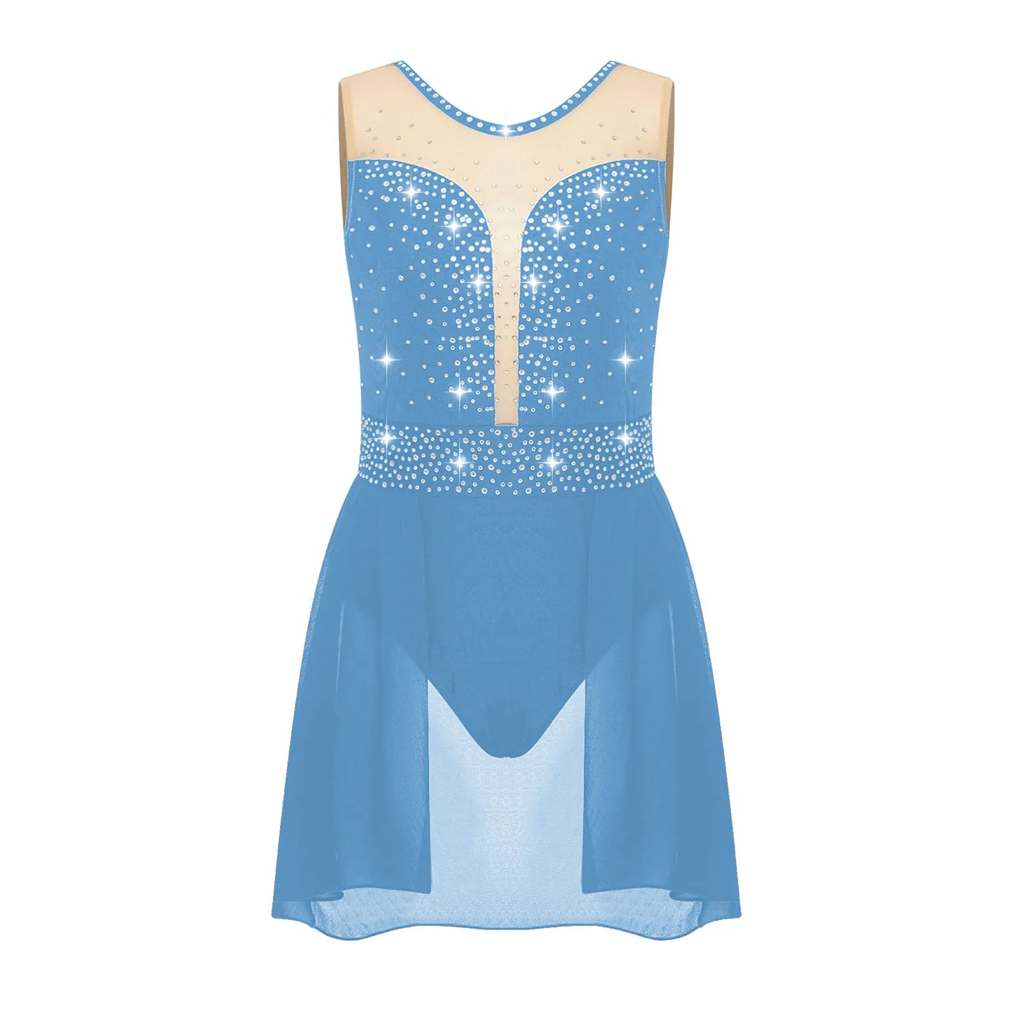 Rhinestone Gymnastics Figure Skating Dress for Teen Girls Sleeveless Sheer Mesh Tutu Ballet Leotard Lyrical Performance Costume