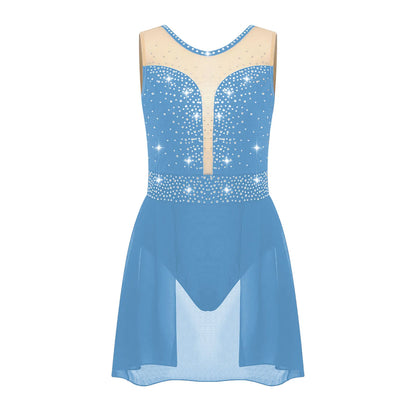 Rhinestone Gymnastics Figure Skating Dress for Teen Girls Sleeveless Sheer Mesh Tutu Ballet Leotard Lyrical Performance Costume
