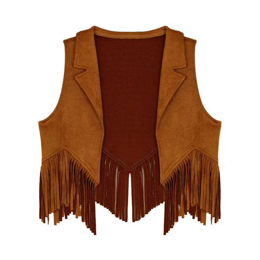 Girls Western Cowboy Suede Open Front Tassels Waistcoat (Age 6-16YRS)
