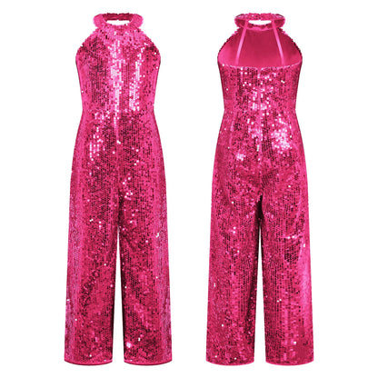 Girls Dance Sequin Sleeveless Halter Jumpsuit (Age 6-14YRS)