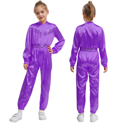 Girls Sequin Satin m Long Sleeve Zipper Jumpsuit (Age 6-16 YRS)