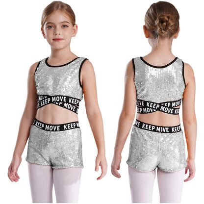 Girls Sequin Dance Top & Shorts Set (Age 4-16YRS)