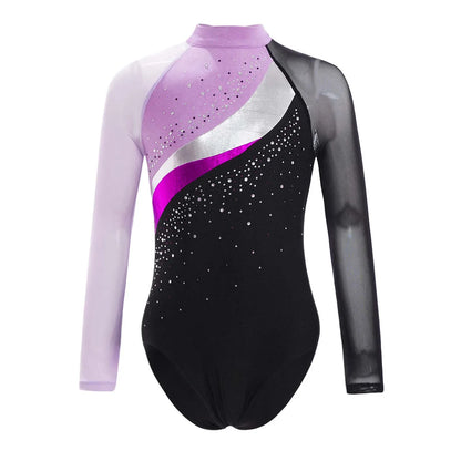 Girls Ballet Dance Leotard Gymnastics  Rhinestones Sheer Mesh Long Sleeve (Age 4-16 YRS)
