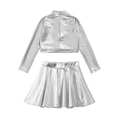 Girls Dance Metallic Long Sleeve Sequin Crop Top & Skirt (Age 6-14YRS)