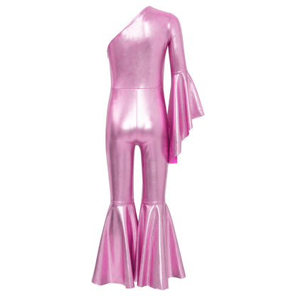 Girls Dance Metallic One Shoulder Bell-Bottom Jumpsuit (Age 6-16YRS)