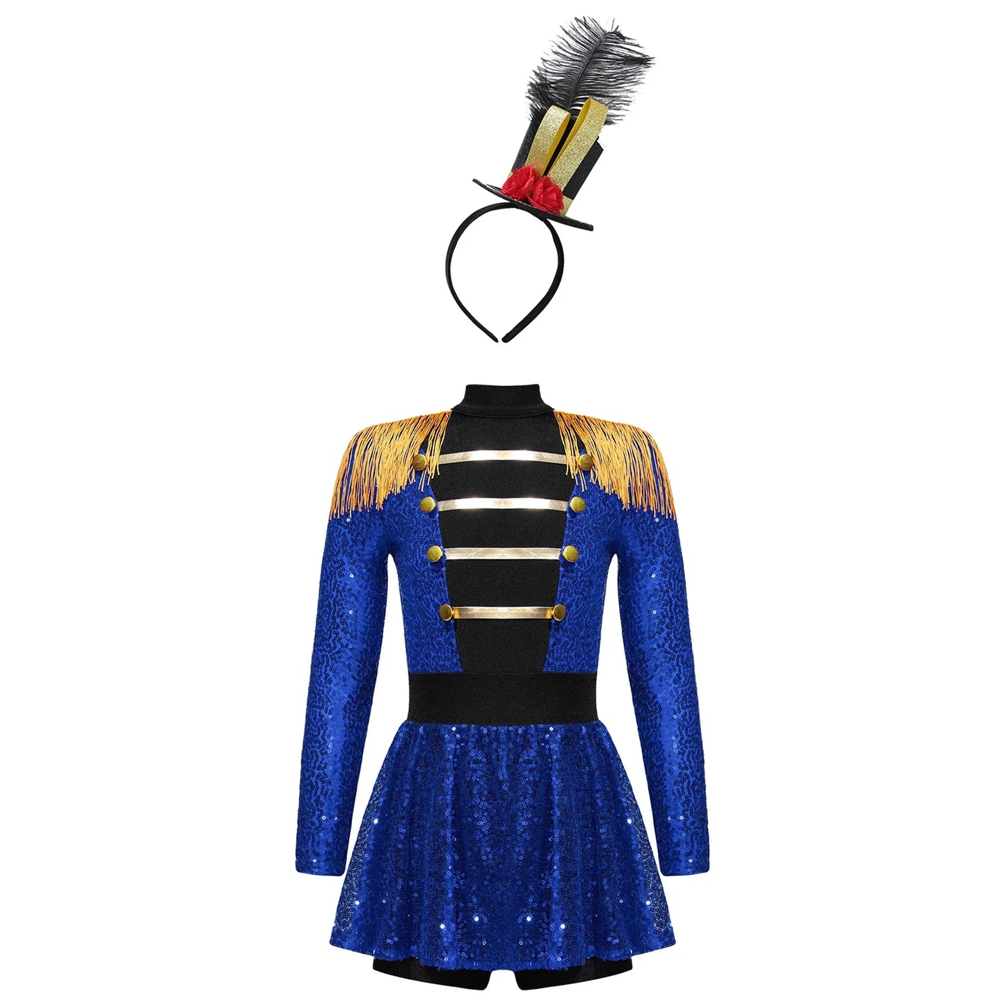 Girls Halloween Circus Ringmaster  Costume Long Sleeve Sequin Leotard Dress (Age 6-14YRS)
