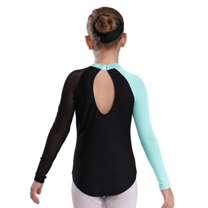 Girls Ballet Dance Leotard Gymnastics  Rhinestones Sheer Mesh Long Sleeve (Age 4-16 YRS)