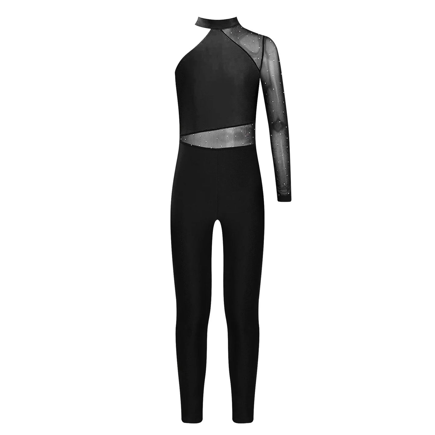 Girls Gymnastics Rhinestones Sheer Mesh Jumpsuit (Age 6-16 YRS)