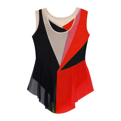 Rhinestone Gymnastics Figure Skating Dress for Teen Girls Sleeveless Sheer Mesh Tutu Ballet Leotard Lyrical Performance Costume