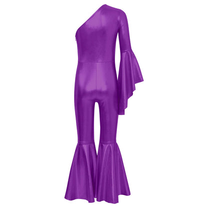 Girls Dance Metallic One Shoulder Bell-Bottom Jumpsuit (Age 6-16YRS)