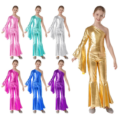 Girls Dance Metallic One Shoulder Bell-Bottom Jumpsuit (Age 6-16YRS)