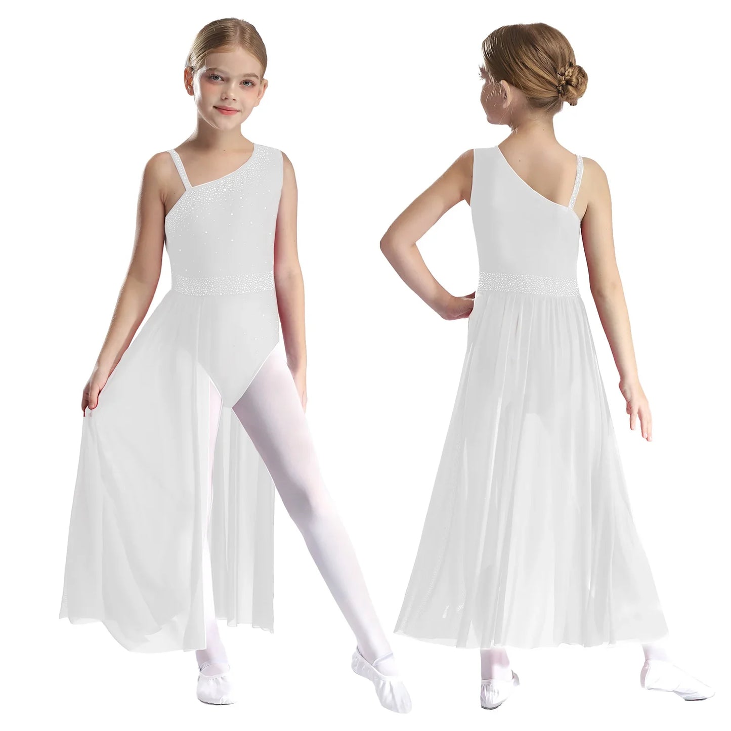 Girls Dance Costume Ballet Rhinestones Sleeveless Sheer Mesh Leotard Dress (Age 6-16 YRS)