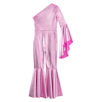 Girls Dance Metallic One Shoulder Bell-Bottom Jumpsuit (Age 6-16YRS)