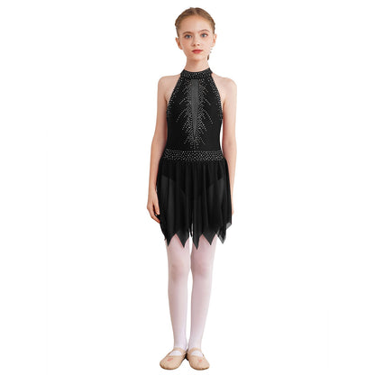 Girls Figure Skating Sleeveless Shiny Rhinestone Leotard Dress (Age 6-16 YRS)