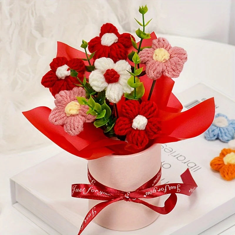 Handmade Knitted Crochet Gift Pink & Red Flower Bouquets Red