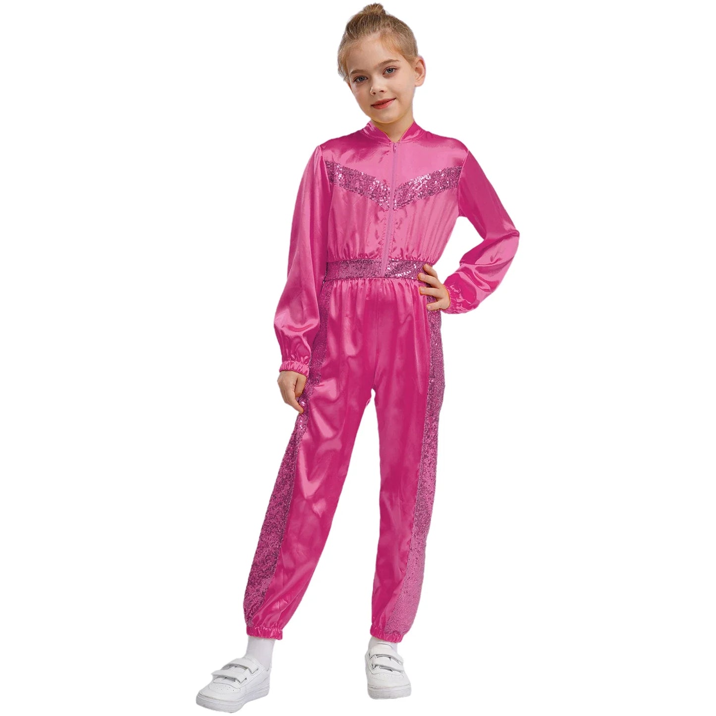 Girls Sequin Satin m Long Sleeve Zipper Jumpsuit (Age 6-16 YRS)